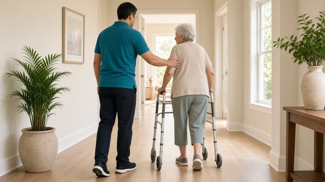 Two people walk away from the camera down a home hallway, one using a walker.
