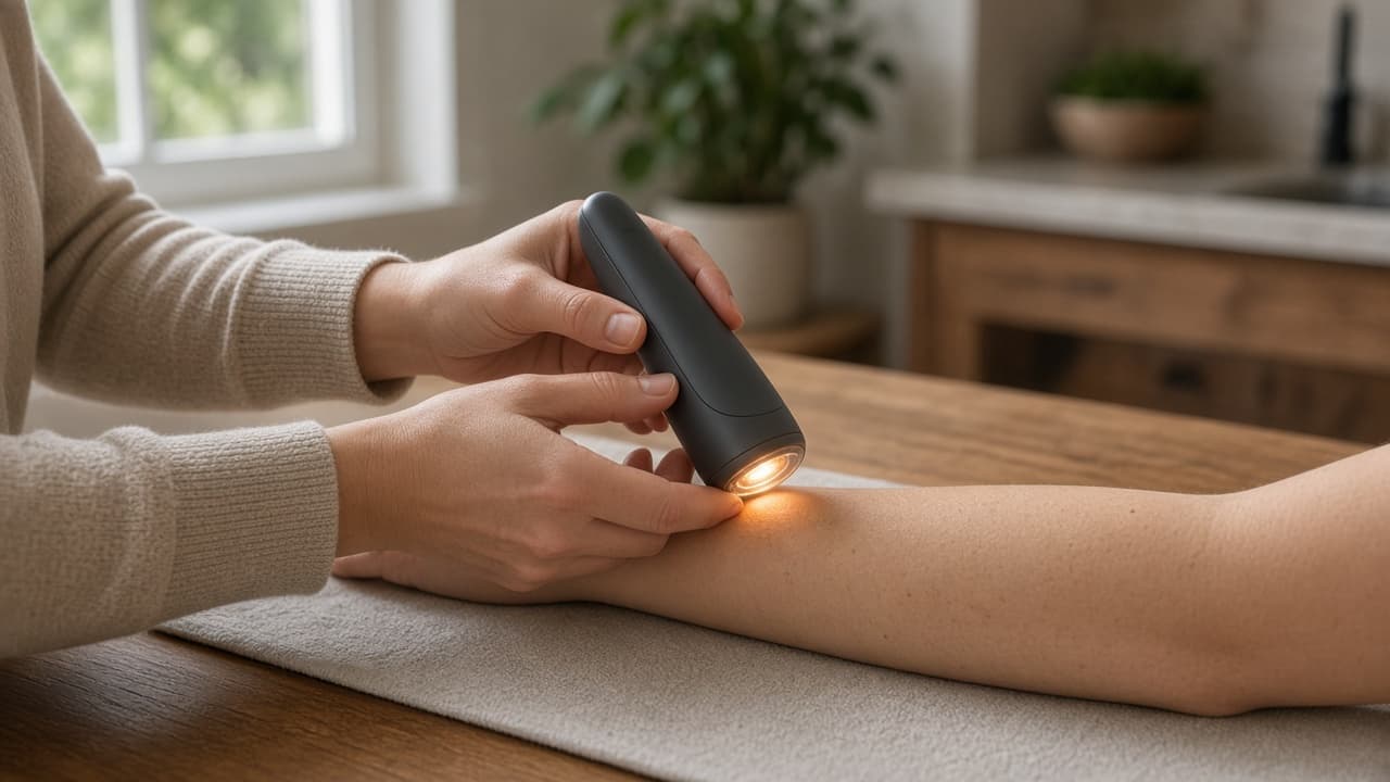 A handheld device with a warm light on a forearm. No faces are shown.